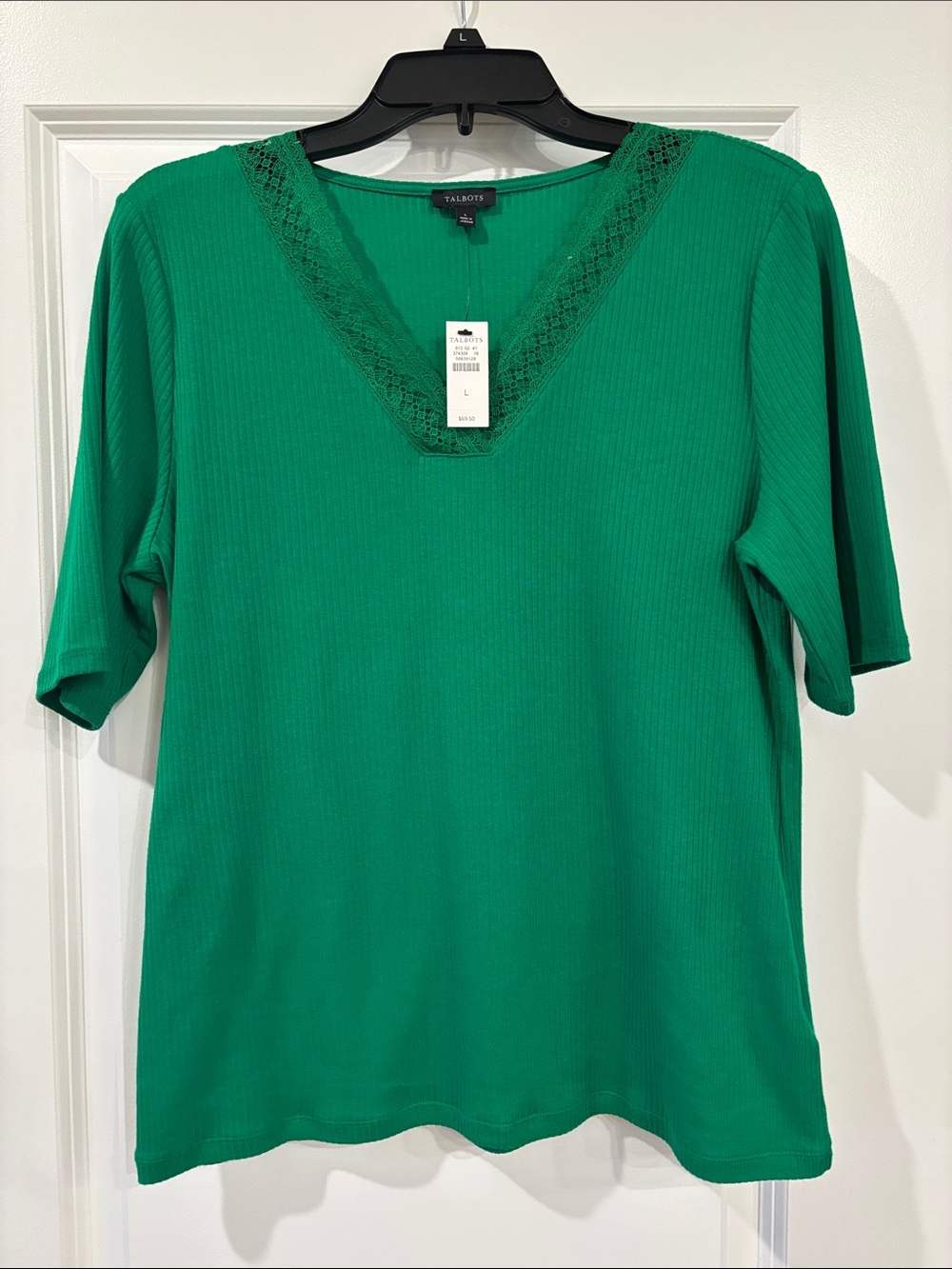 NWT Talbots Emerald Green V-Neck Lace-Trim Ribbed Tee size L